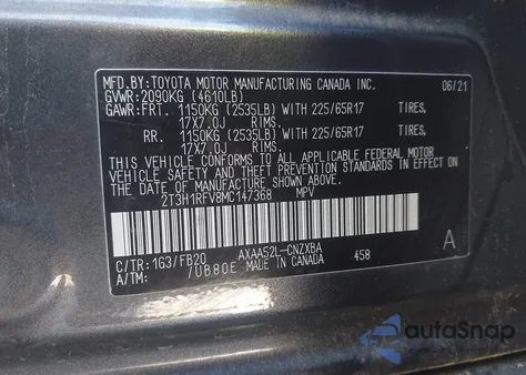 2021 Toyota Rav4 Le from USA, damaged, VIN 2T3H1RFV8MC147368